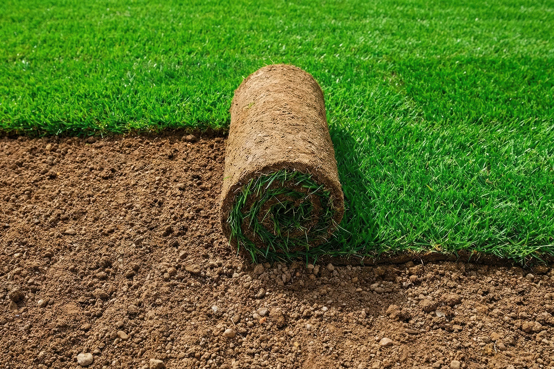 Fresh sod rolls on prepared soil